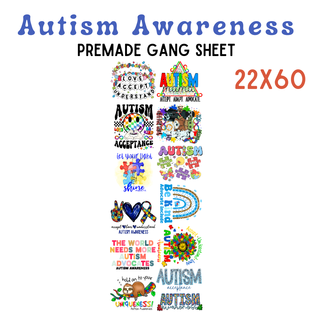 Autism Awareness Pre-Made DTF Gang Sheet 22x60 - Pro Blanks