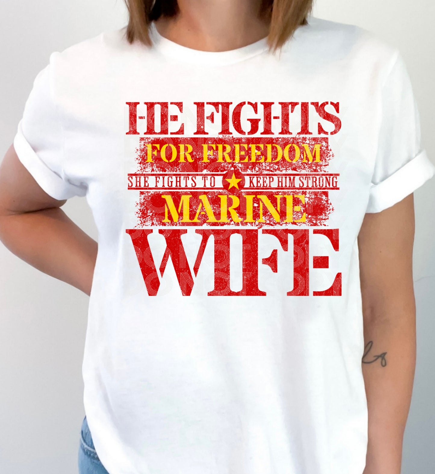 He Fights Marine Wife #5355 - Ready to Press DTF Transfer Full Color - Pro Blanks