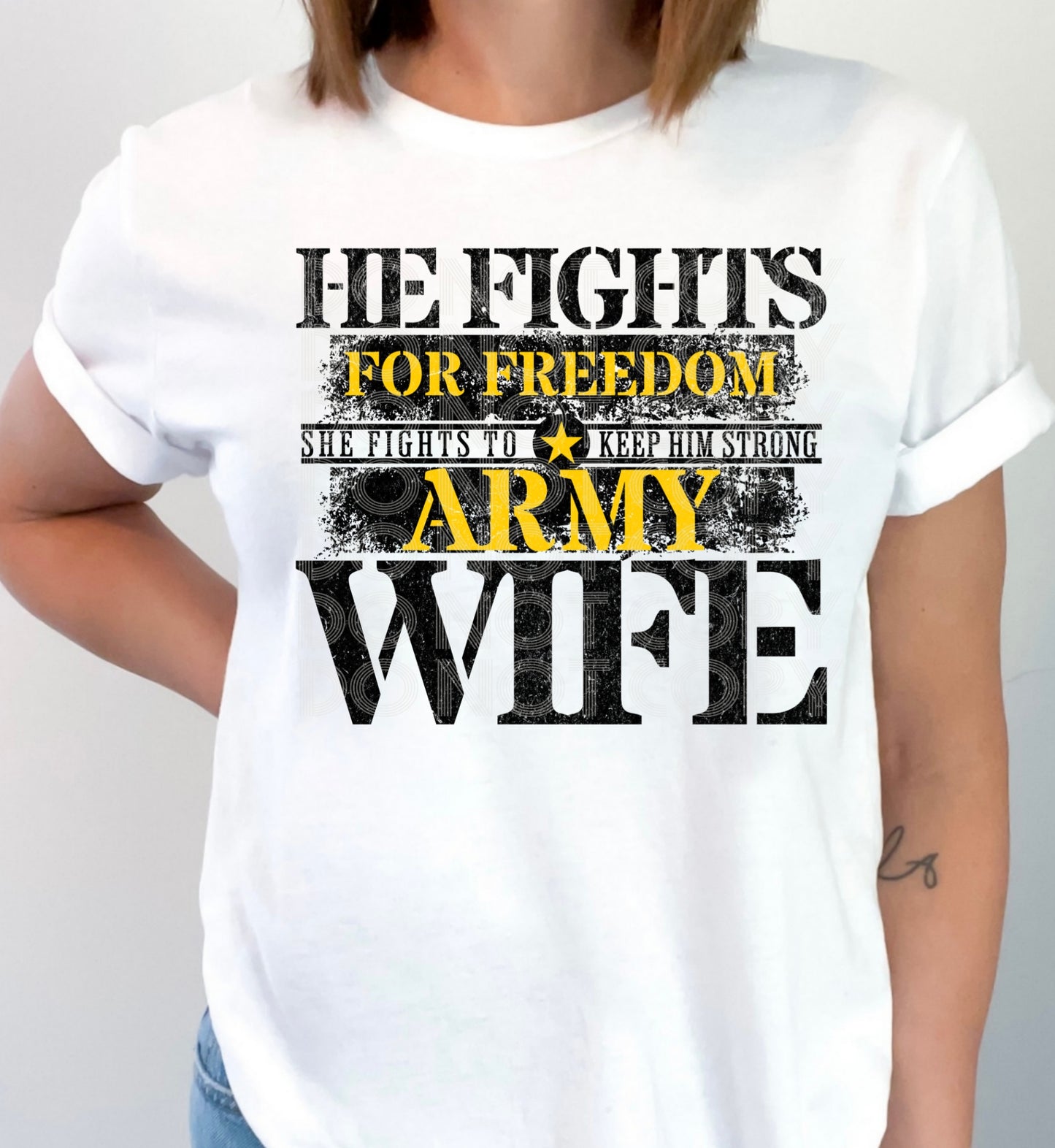 He Fights Army Wife #5356 - Ready to Press DTF Transfer Full Color - Pro Blanks