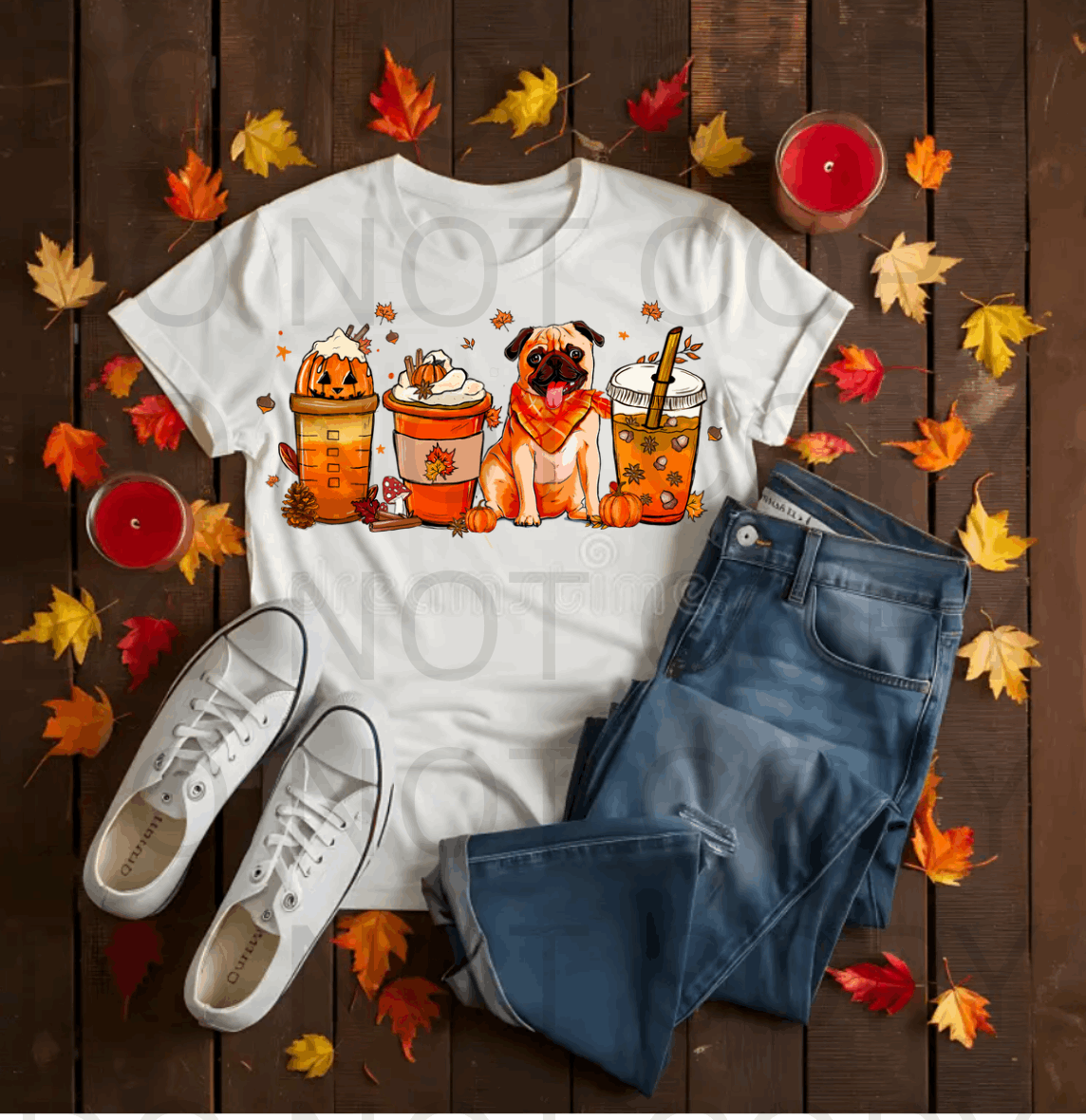 Pug & Fall Drinks #5592 - Ready to Press DTF Transfer Full Color