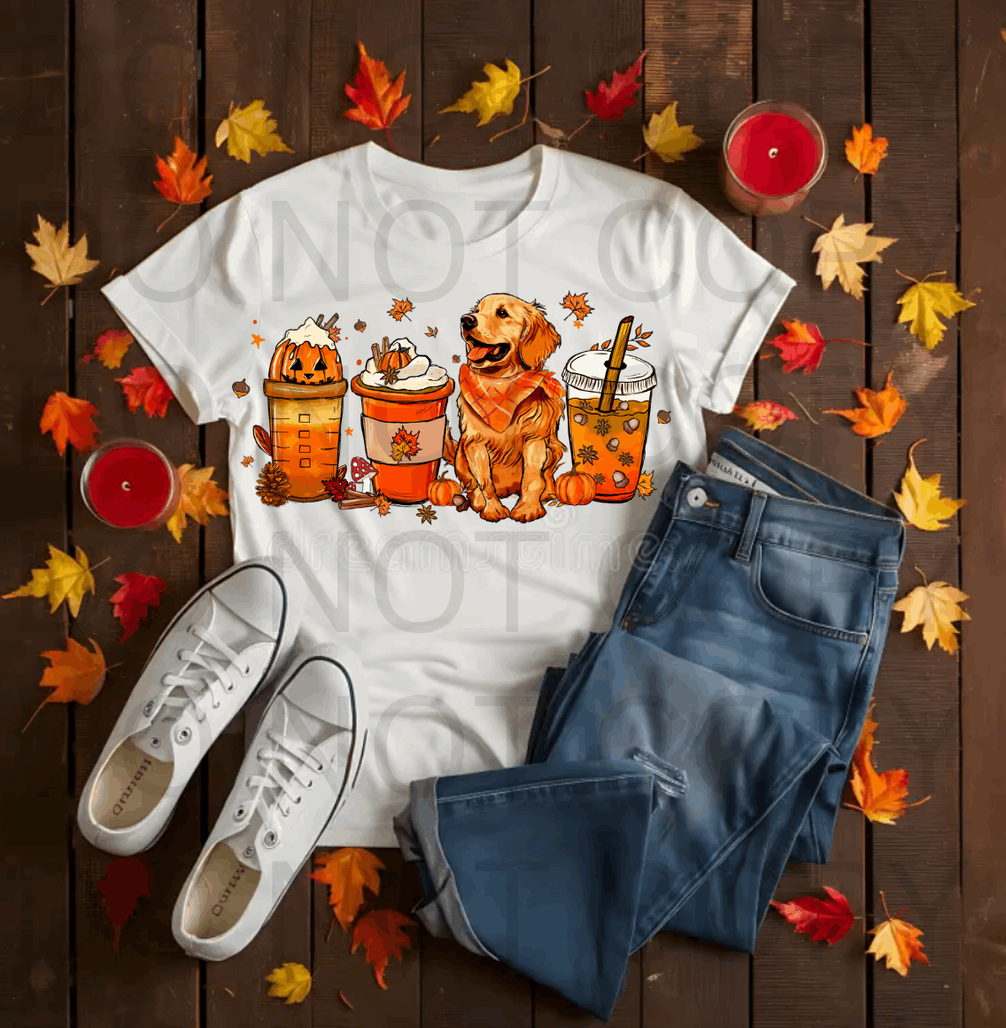 Golden Retriever & Fall Drinks #5588 - Ready to Press DTF Transfer Full Color