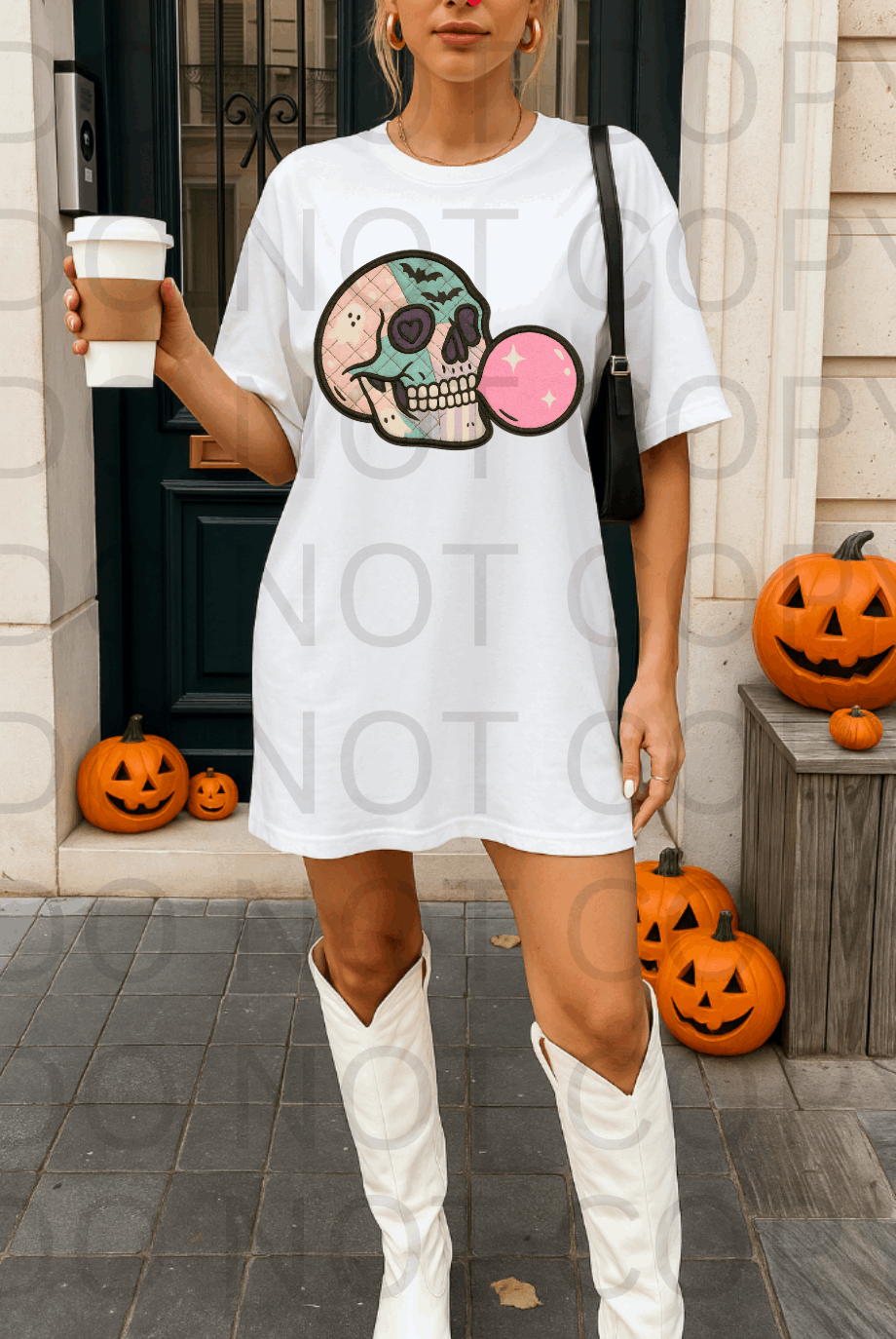 Faux Quilted Bubble Gum Skull #5705 - Ready to Press DTF Transfer Full Color