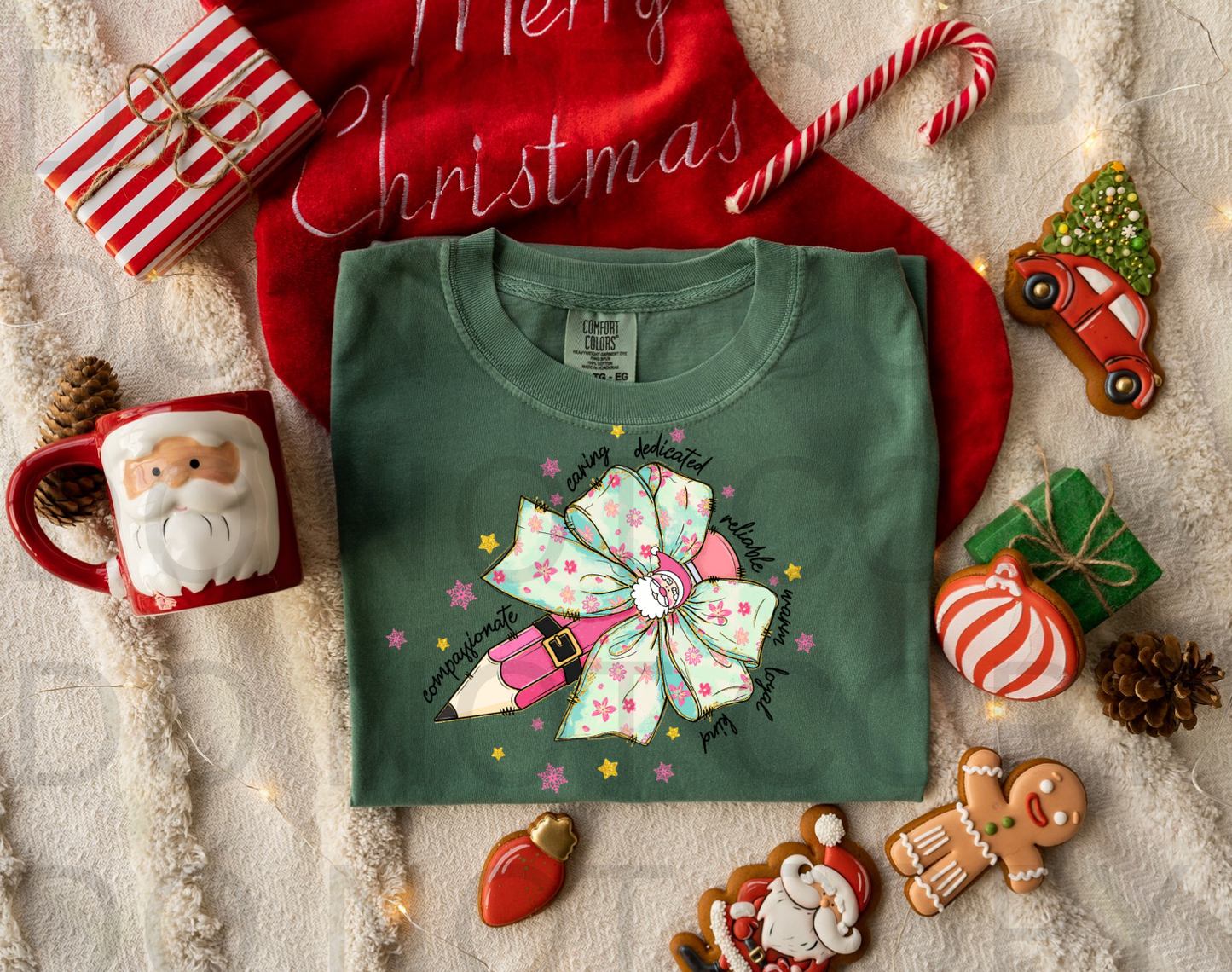 Colorful Glitter Teacher Christmas Pencil Bow #5860 - Ready to Press DTF Transfer Full Color