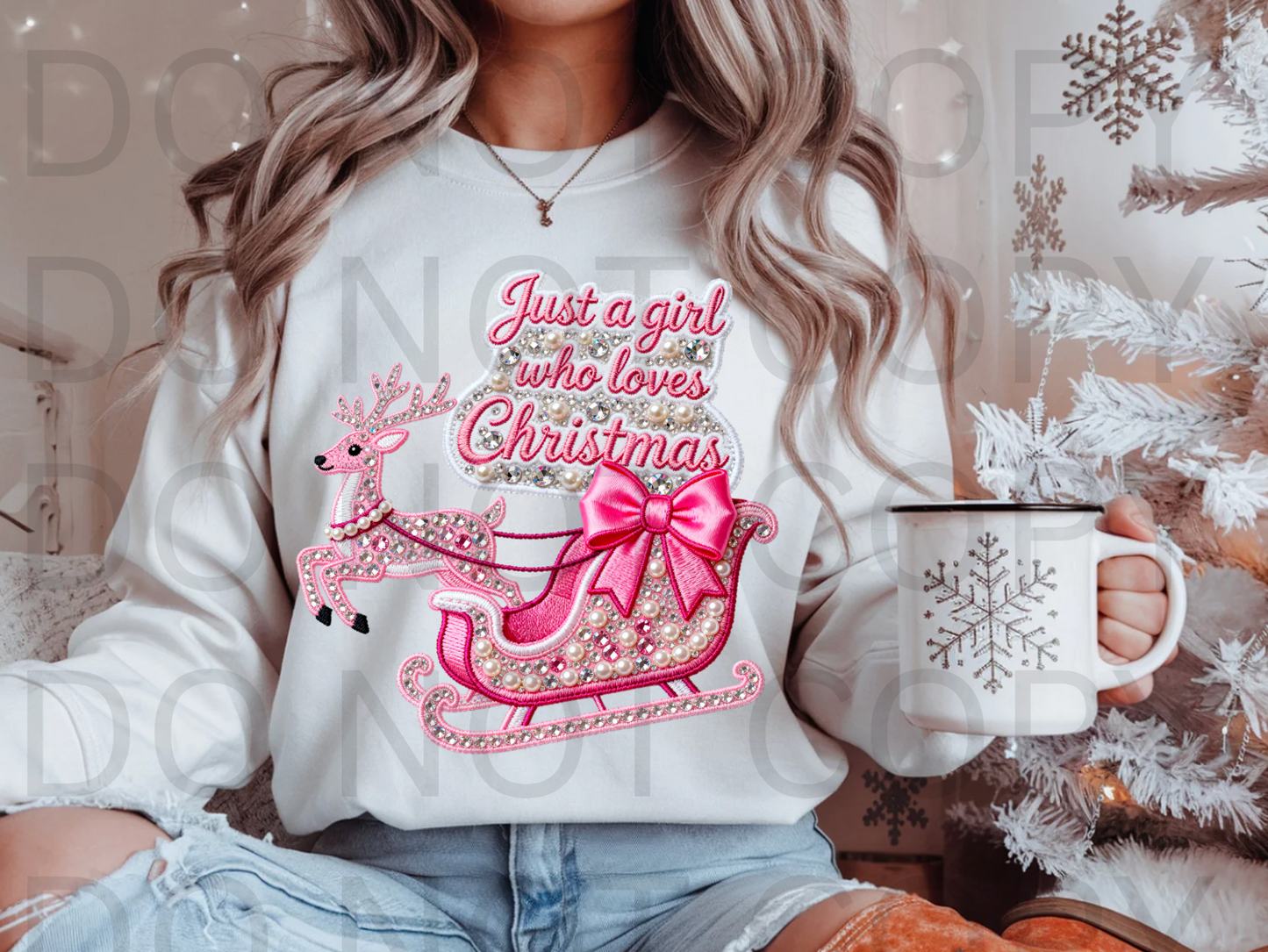 Faux Rhinestoned - Just A Girl Who Loves Christmas #5975 - Ready to Press DTF Transfer Full Color