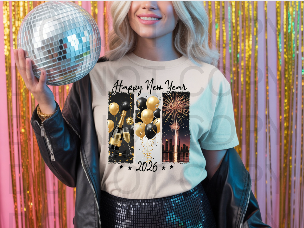 Black & Gold Happy New Year 2026 #5992 - Ready to Press DTF Transfer Full Color