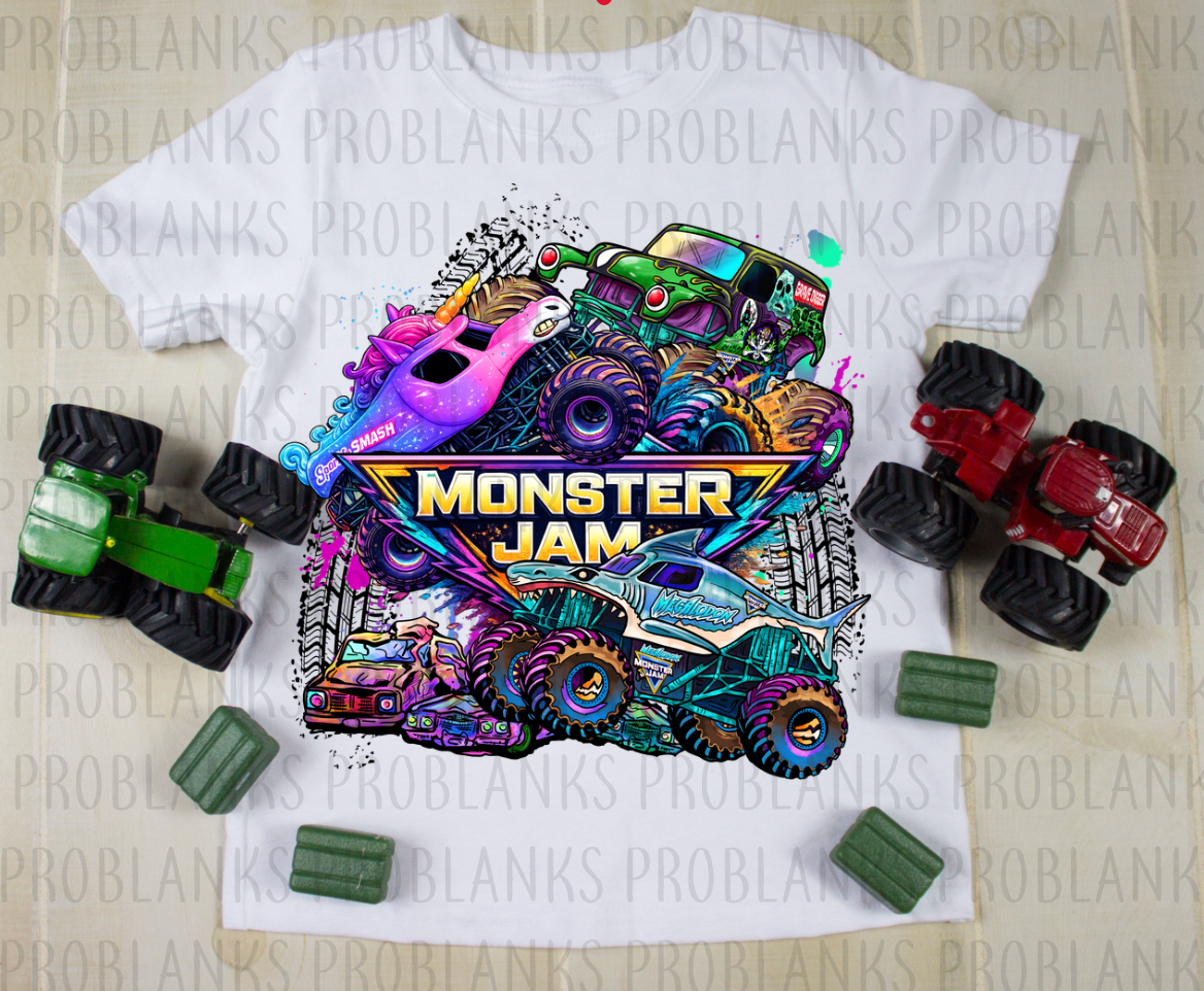 Monster Jam Megalodon, Sparkle, Grave Digger #6287 - Ready to Press DTF Transfer Full Color