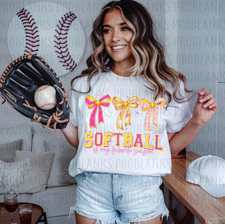Pink Bows, My Favorite Season Is Softball #6308 - Ready to Press DTF Transfer Full Color