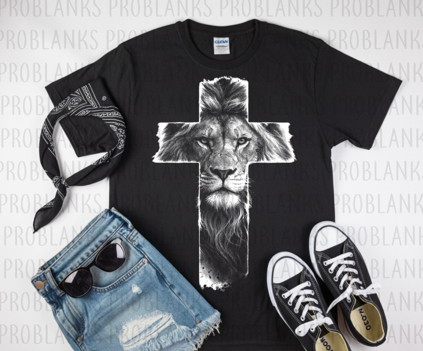 Lion Portrait & Cross - Halftoned #6420 - Ready to Press DTF Transfer Full Color