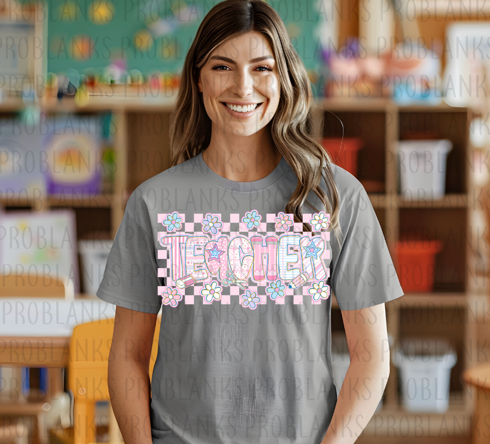 Pink Checkered TEACHER #6441 - Ready to Press DTF Transfer Full Color