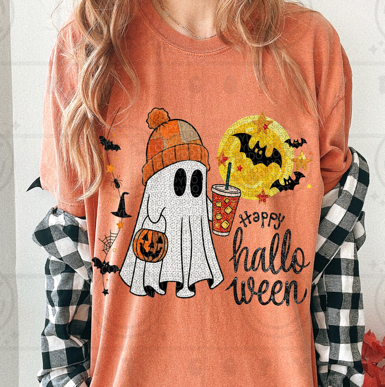 Faux Sequins Halloween Ghost #7051 - Ready to Press DTF Transfer Full Color