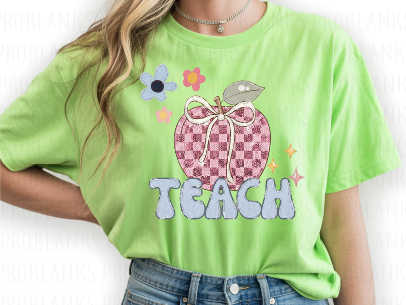 Teach Checkered Apple Faux Embroidery #7060 - Ready to Press DTF Transfer Full Color