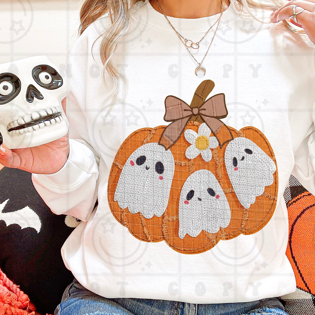 Faux Embroidery Pumpkin & Ghosties #7069 - Ready to Press DTF Transfer Full Color