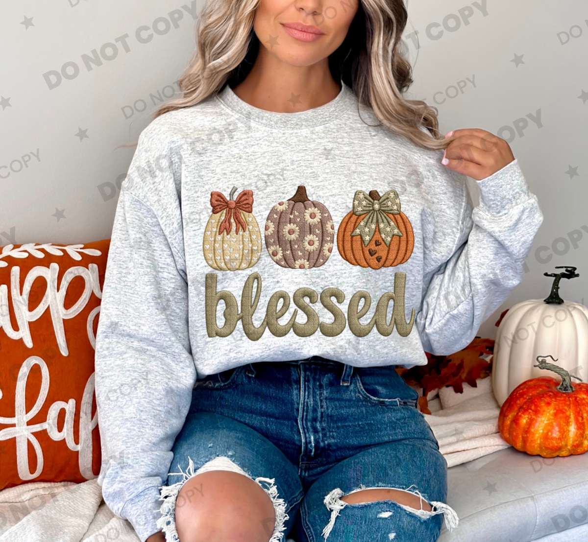Faux Embroidery Blessed Pumpkin Trio #7246 - Ready to Press DTF Transfer Full Color