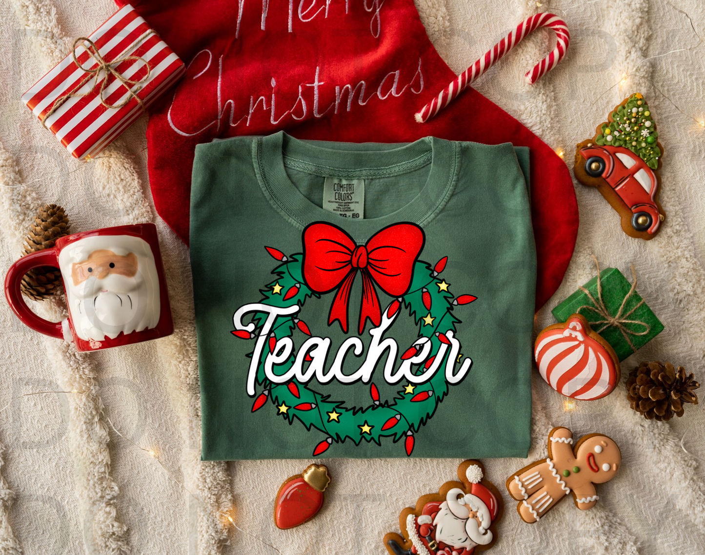 Christmas Teacher Wreath #5859 - Ready to Press DTF Transfer Full Color