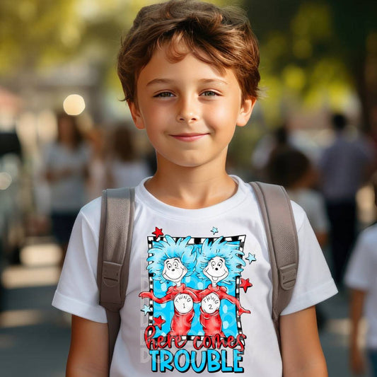 Here Comes Trouble #1606  - Ready to Press DTF Transfer Full Color - Pro Blanks