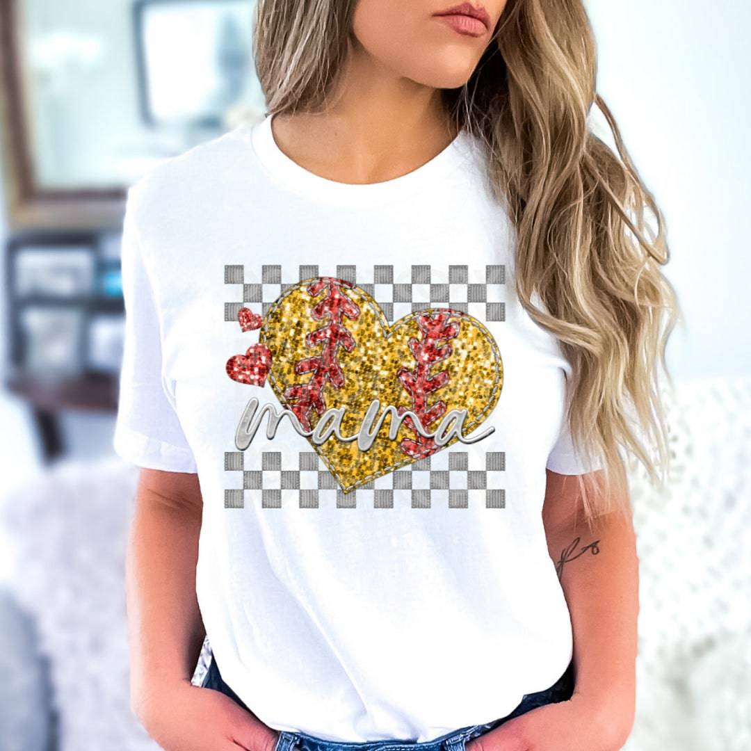 Softball Mama Glitter Heart #1774 - Ready to Press DTF Transfer Full Color - Pro Blanks