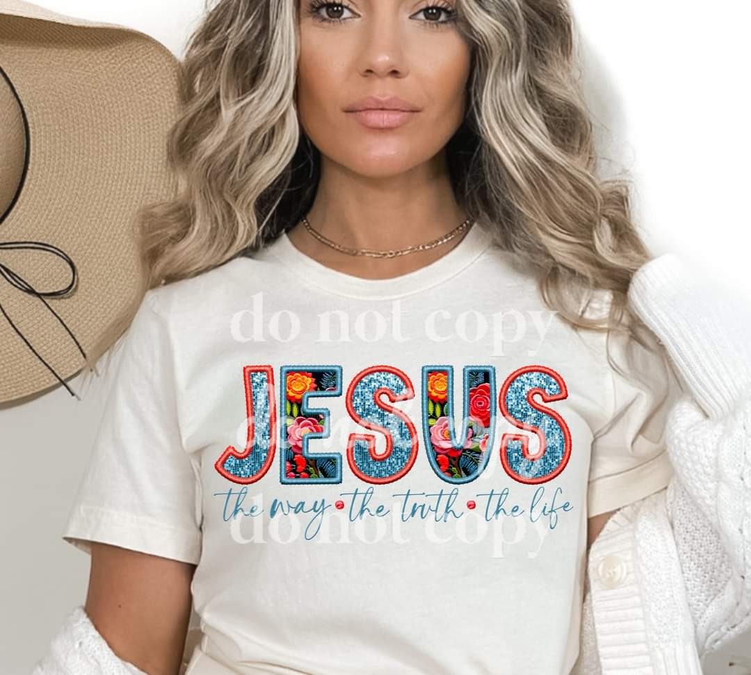Jesus Embroidered Floral - Ready to Press DTF Transfer Full Color