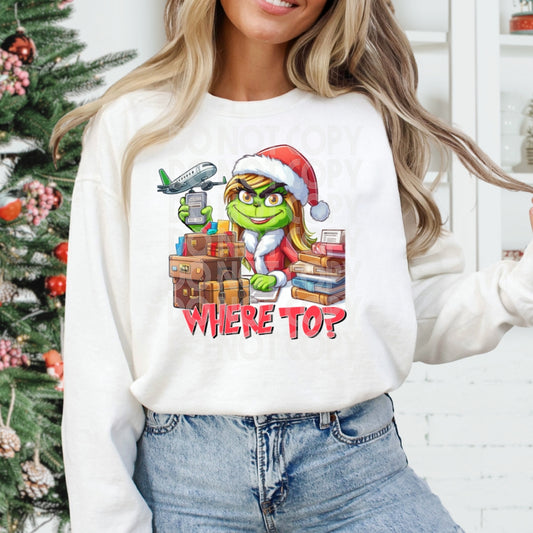 Travel Agent Female Grinch #1198 - Ready to Press DTF Transfer Full Color