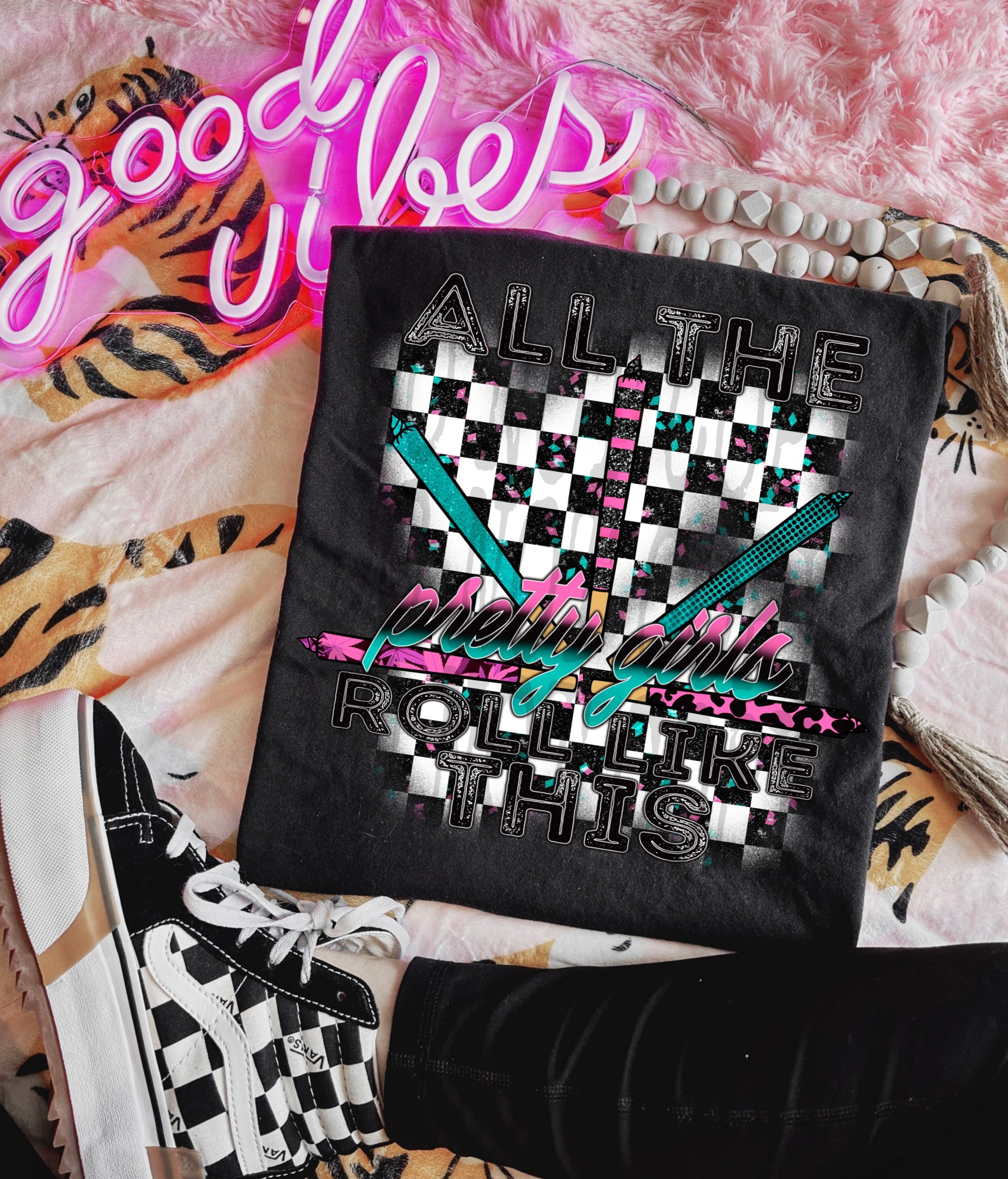 Pretty Girls Roll Checkered Splatter #4496 - Ready to Press DTF Transfer Full Color - Pro Blanks