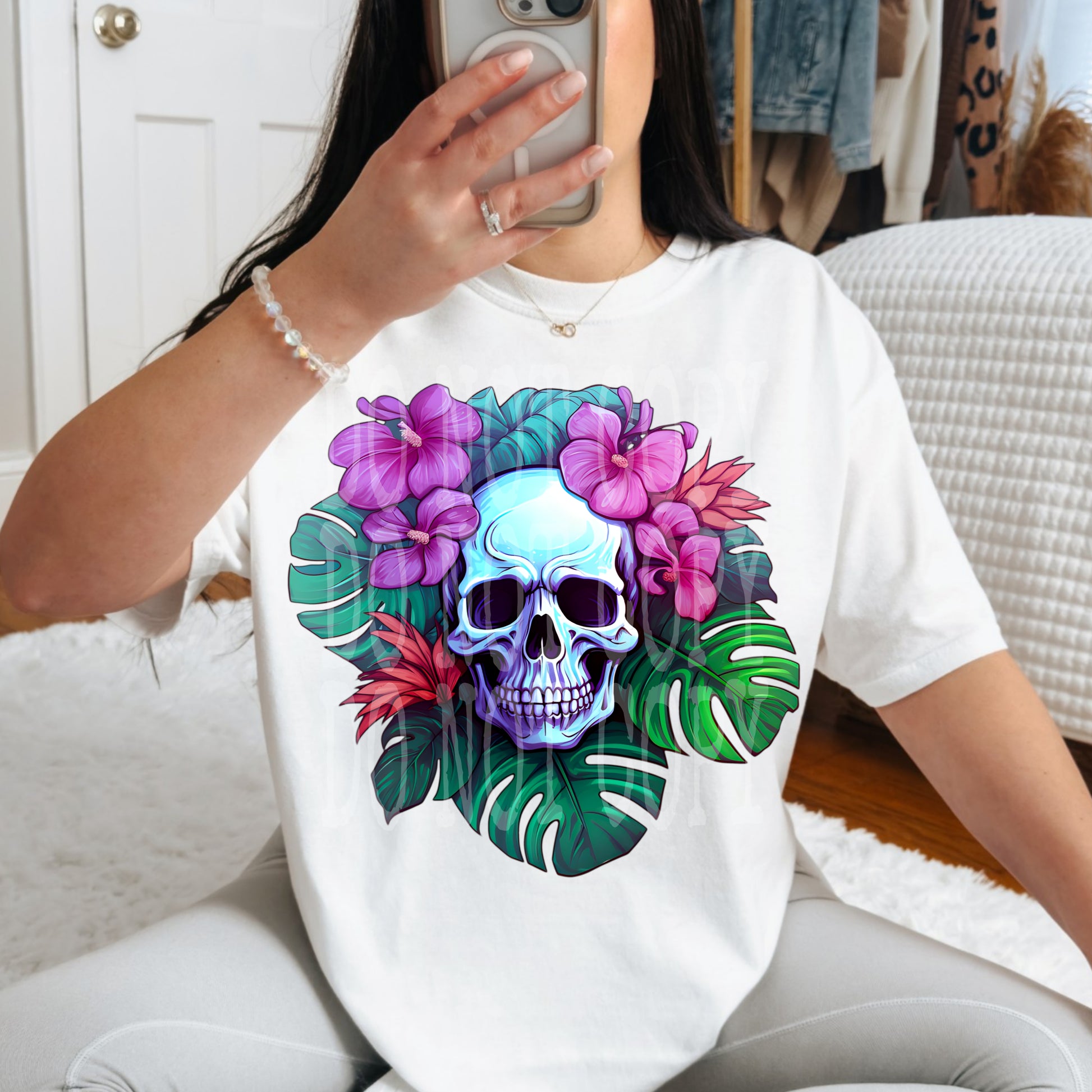 Floral Skellie #4643 - Ready to Press DTF Transfer Full Color - Pro Blanks