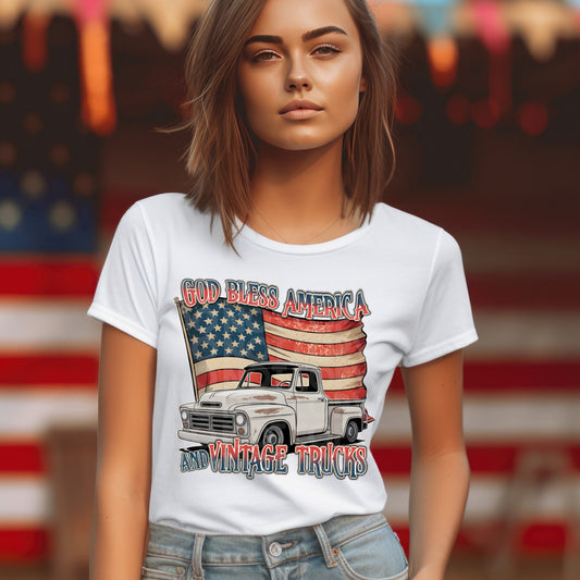 God Bless America & Vintage Trucks #5054 - Ready to Press DTF Transfer Full Color