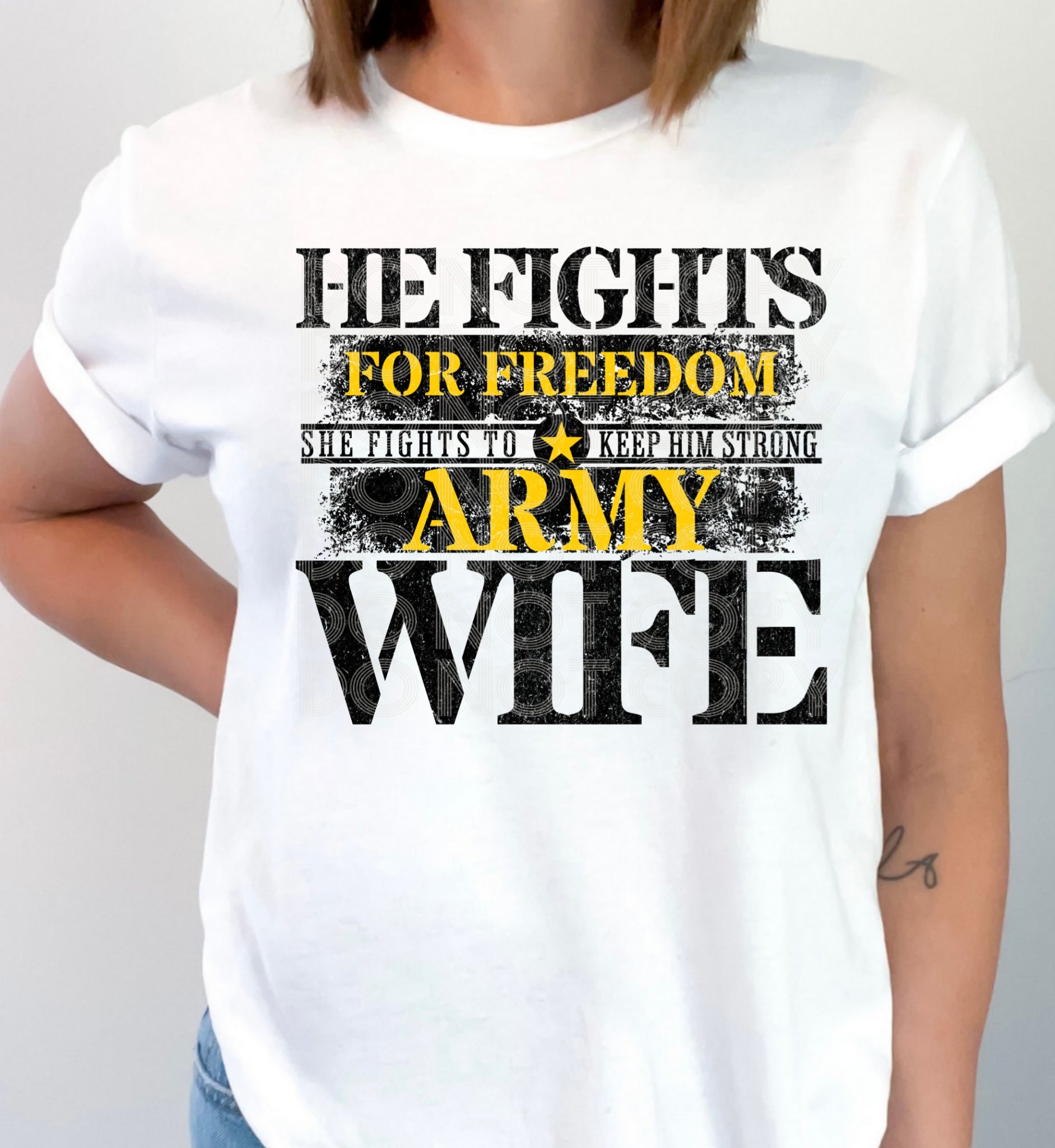 He Fights Army Wife #5356 - Ready to Press DTF Transfer Full Color - Pro Blanks