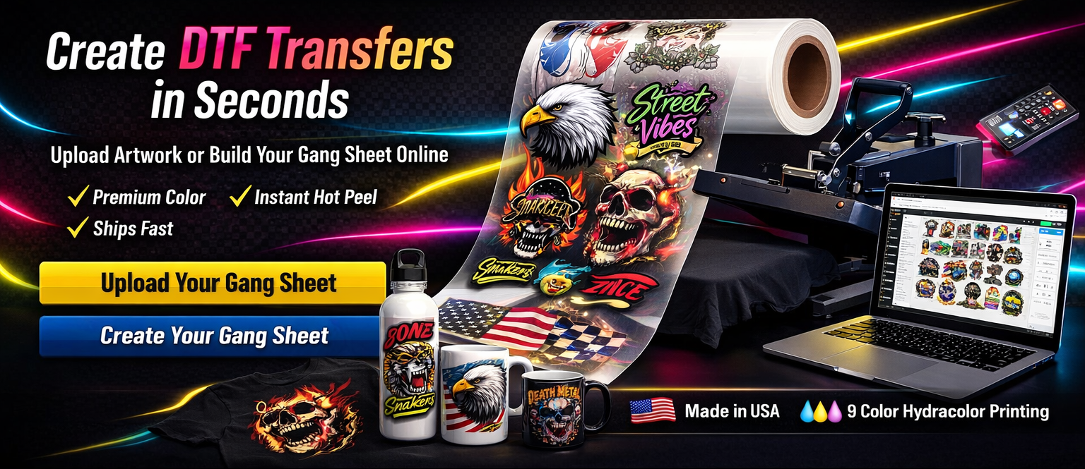 DTF transfers setup with roll of transfers, ink bottles, and laptop on a black background