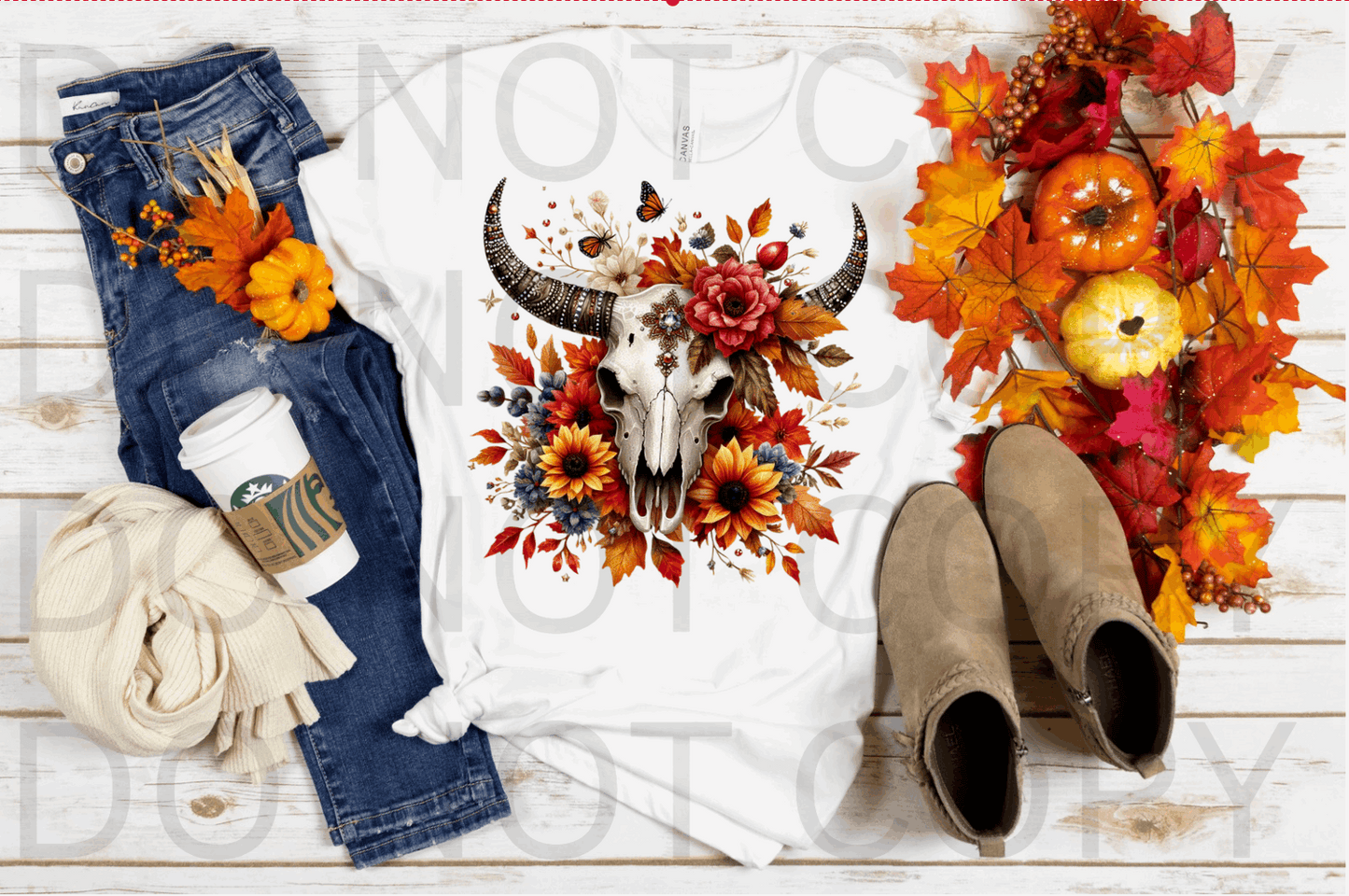 Rhinestone Autumn Bull Skull #5481 - Ready to Press DTF Transfer Full Color