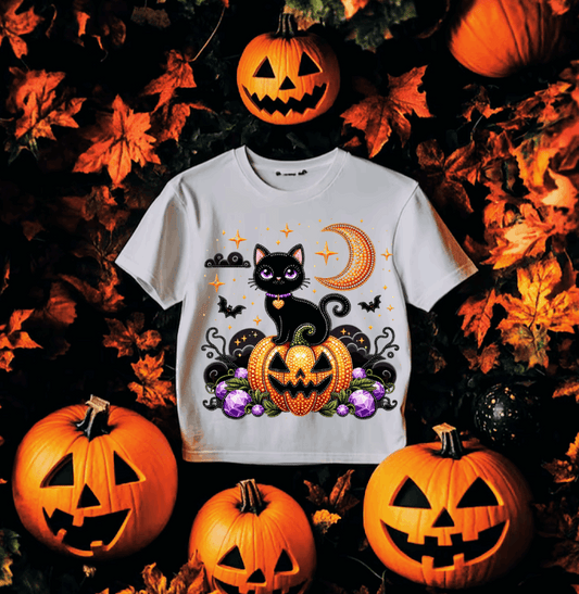 Rhinestoned Halloween Black Cat #5572 - Ready to Press DTF Transfer Full Color
