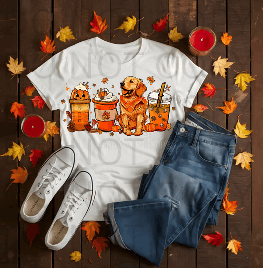 Golden Retriever & Fall Drinks #5588 - Ready to Press DTF Transfer Full Color