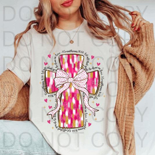 Pink Cross with Bow #5661 - Ready to Press DTF Transfer Full Color