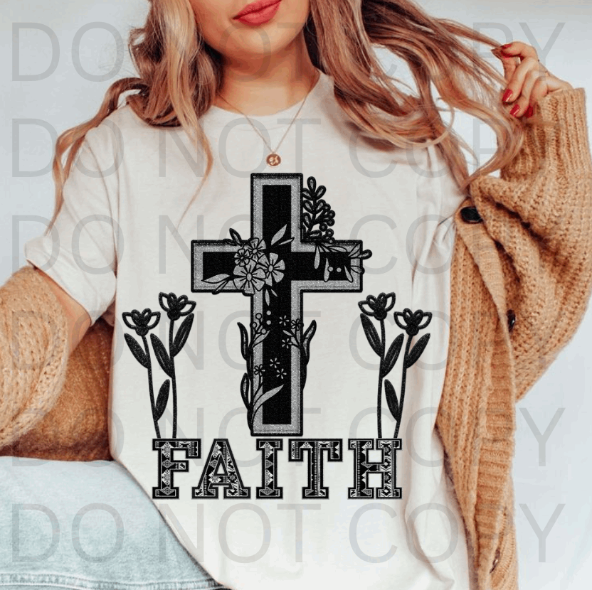 Glitter Black Faith Cross #5663 - Ready to Press DTF Transfer Full Color