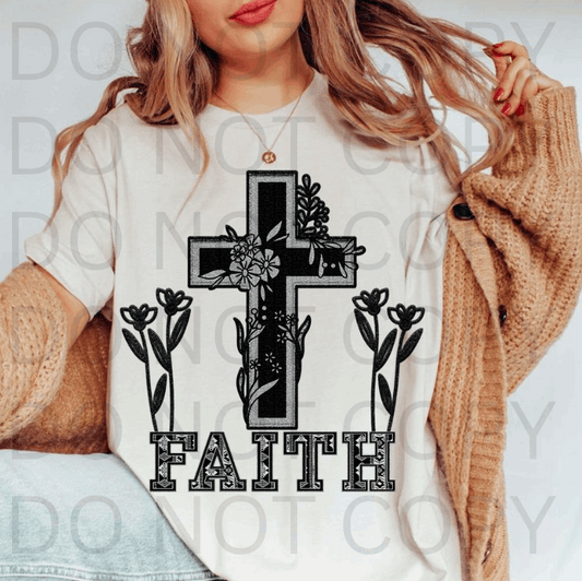 Glitter Black Faith Cross #5663 - Ready to Press DTF Transfer Full Color