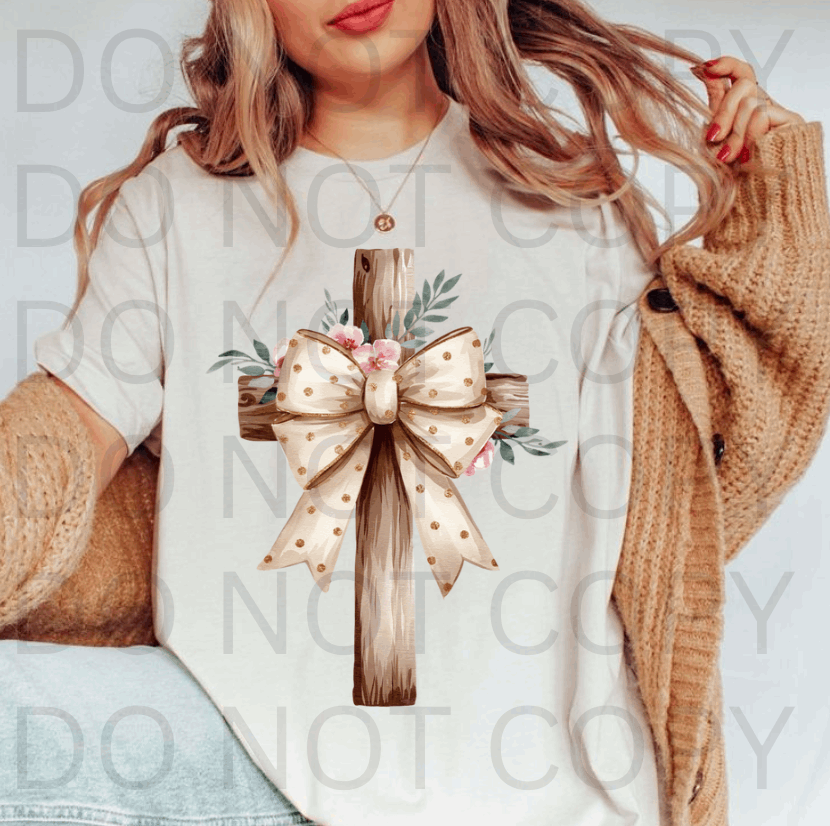 Brown Wood Cross With Bow #5662 - Ready to Press DTF Transfer Full Color