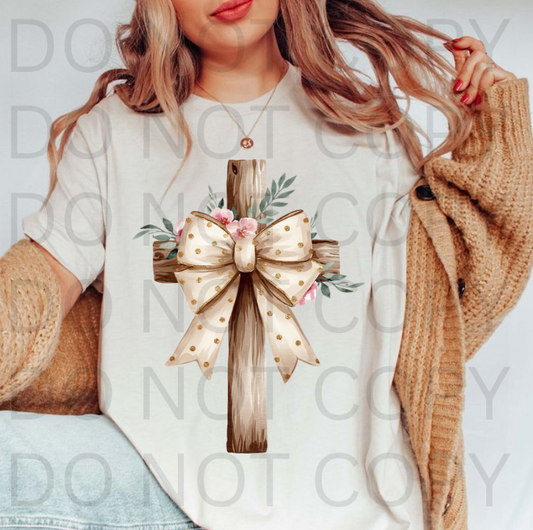 Brown Wood Cross With Bow #5662 - Ready to Press DTF Transfer Full Color
