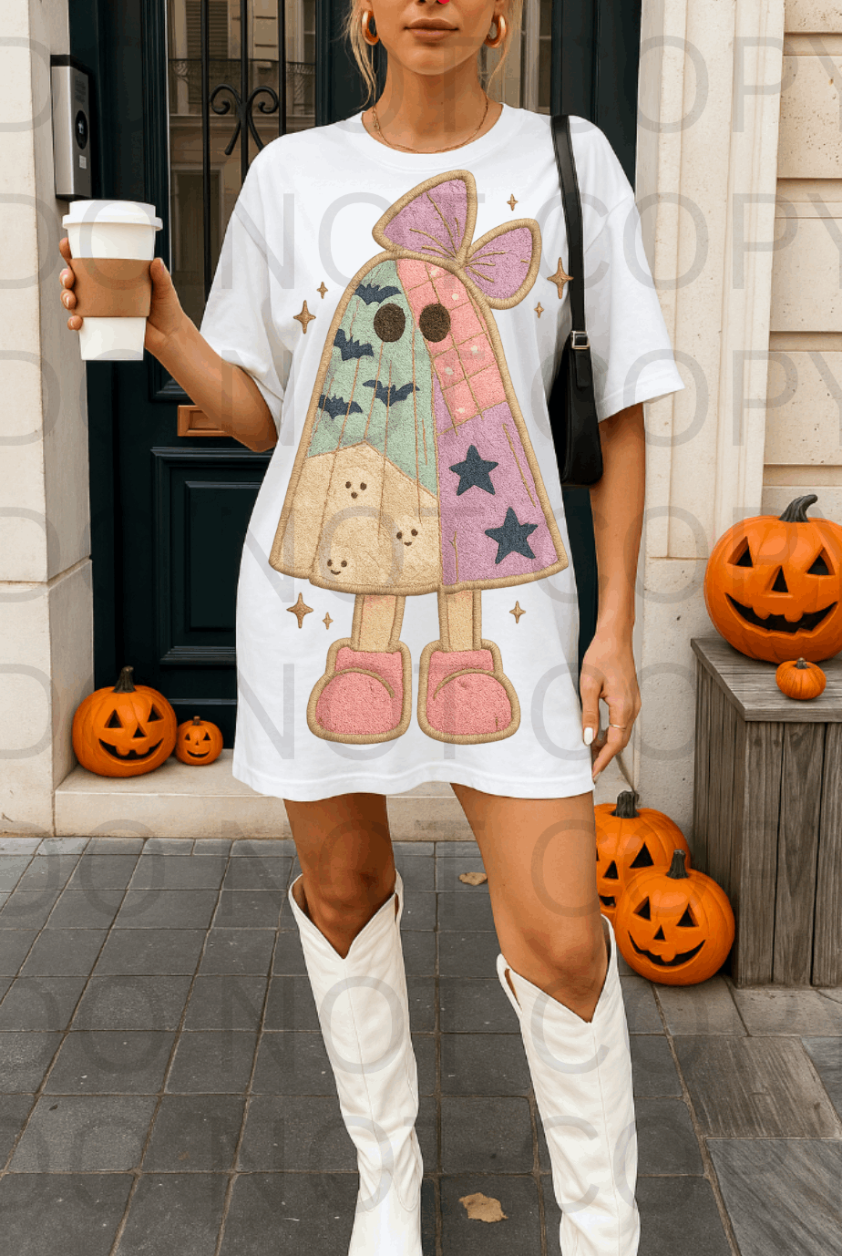 Faux Suede Patchwork Ghost #5706 - Ready to Press DTF Transfer Full Color