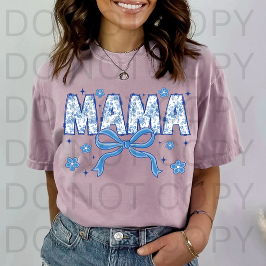 Blue Flower Bow  Mama #5766 - Ready to Press DTF Transfer Full Color