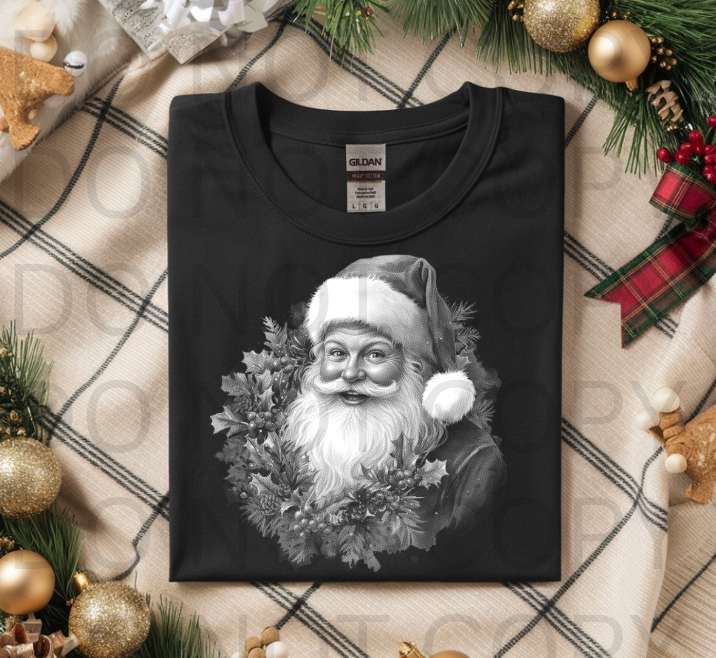 Halftoned Santa Holly Wreath - Ready to Press DTF Transfer Full Color
