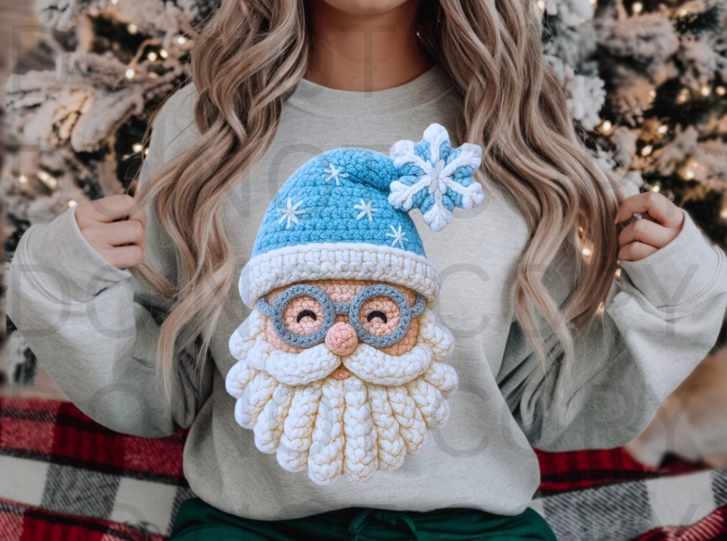 Faux Knit Yarn - Blue Snow Santa #5926 - Ready to Press DTF Transfer Full Color