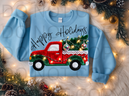 Happy Holidays Faux Fur Christmas Truck #5961 - Ready to Press DTF Transfer Full Color