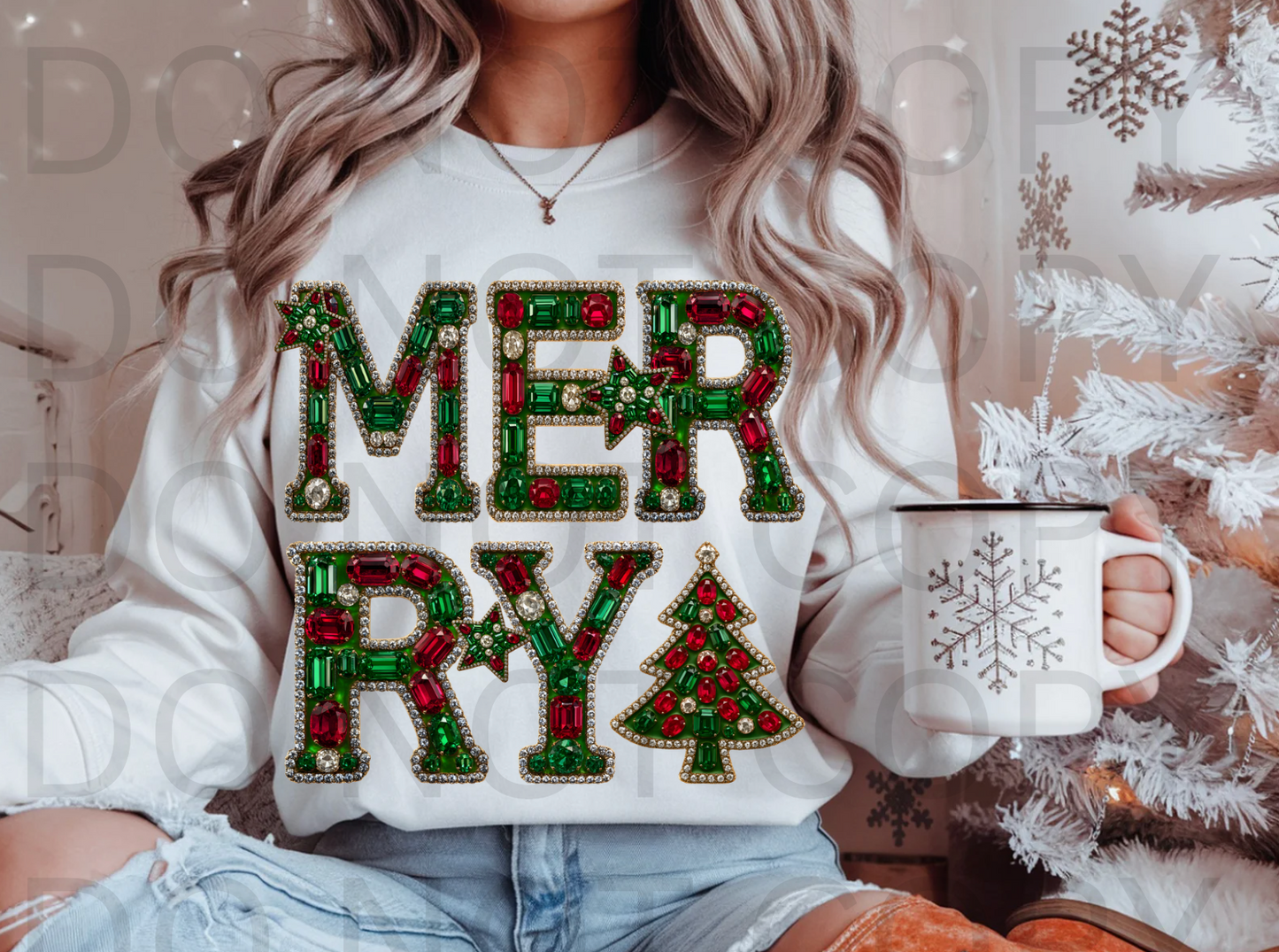 Faux Rhinestoned - Merry #5980 - Ready to Press DTF Transfer Full Color