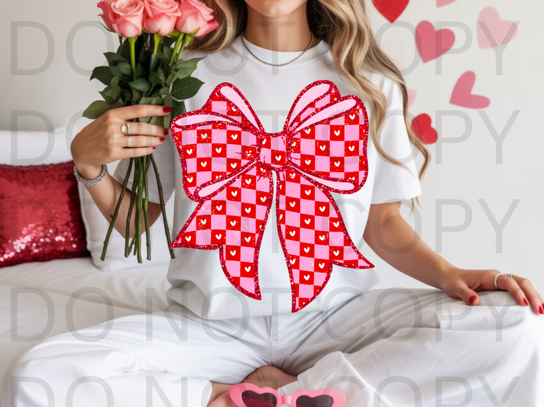 Checkered Heart Coquette Bow #6158 - Ready to Press DTF Transfer Full Color