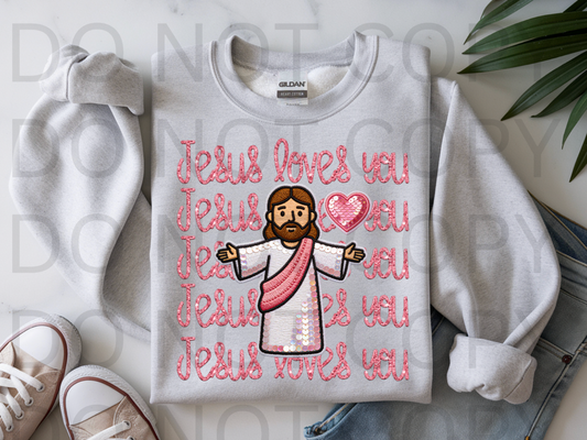 Stacked Pink Faux Sequins Jesus Loves You #6208 - Ready to Press DTF Transfer Full Color