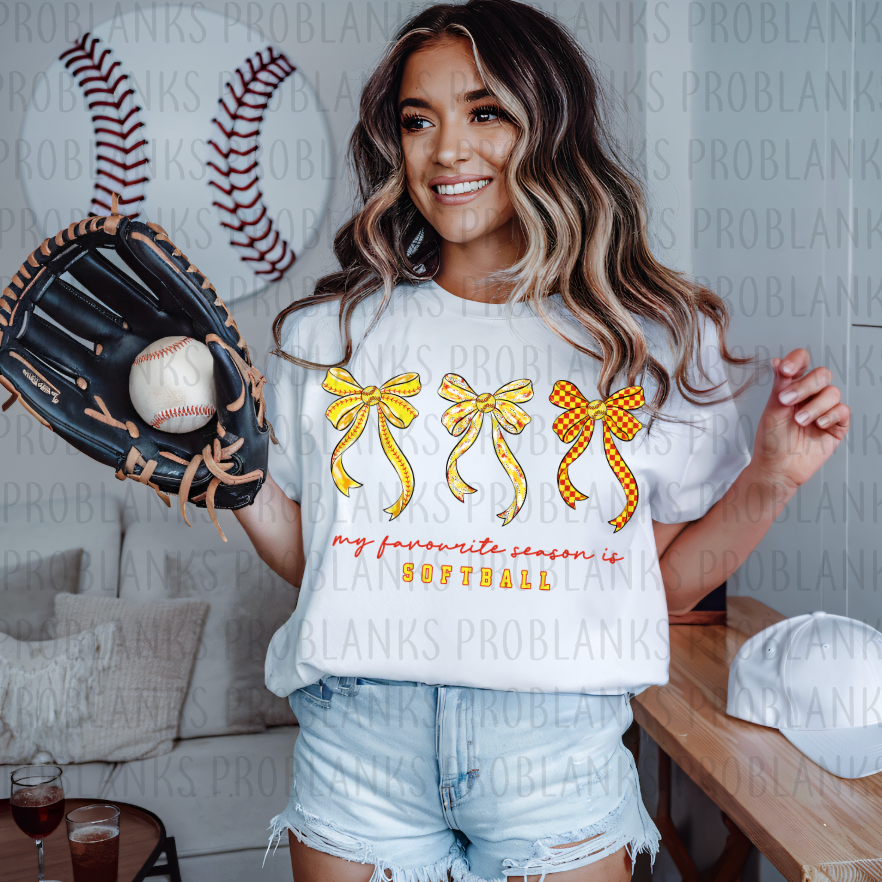 Yellow Bows, My Favorite Season Is Softball #6307 - Ready to Press DTF Transfer Full Color