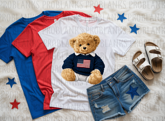 USA Bear - Blue Sweater #6500 - Ready to Press DTF Transfer Full Color