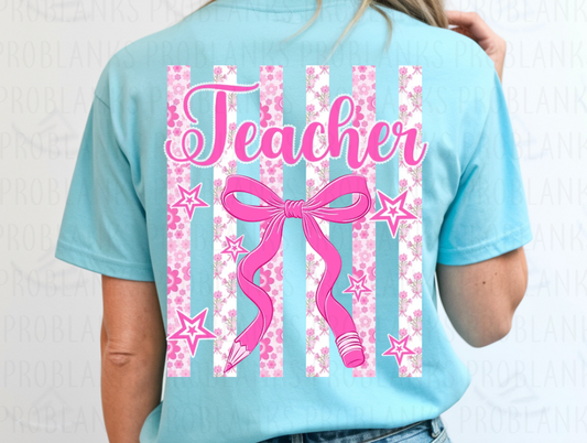 Pink Floral Teacher Pencil Bow #6707 - Ready to Press DTF Transfer Full Color