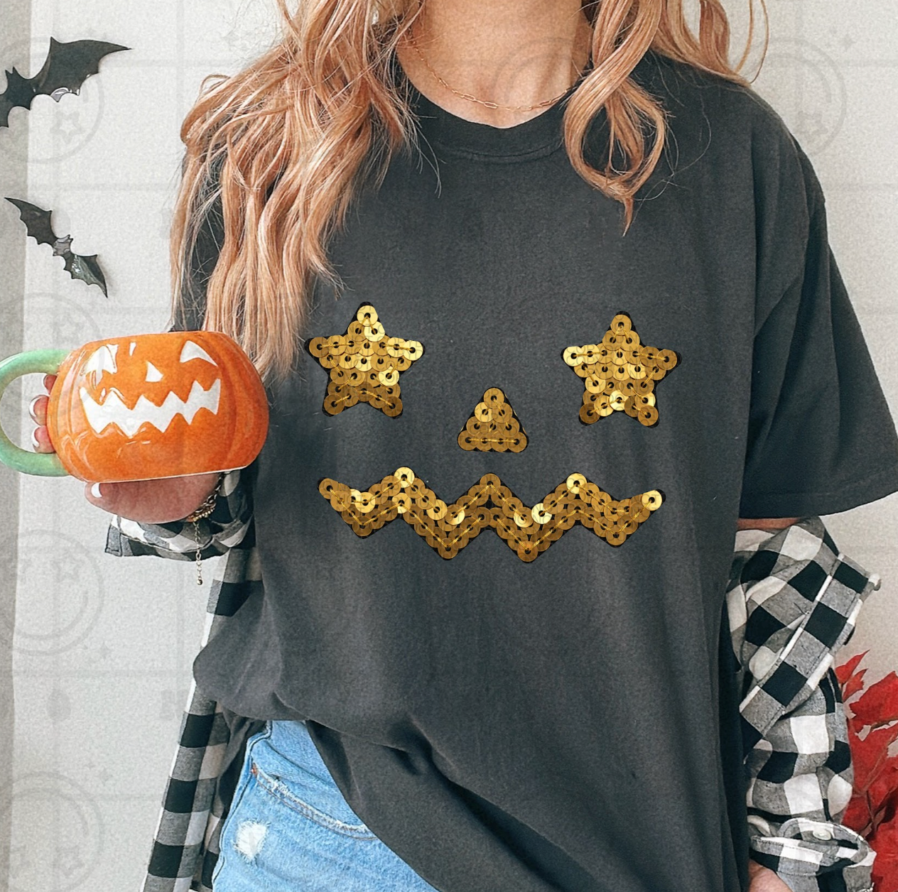 Gold Star Eye Jackolantern Faux Sequins #7017 - Ready to Press DTF Transfer Full Color