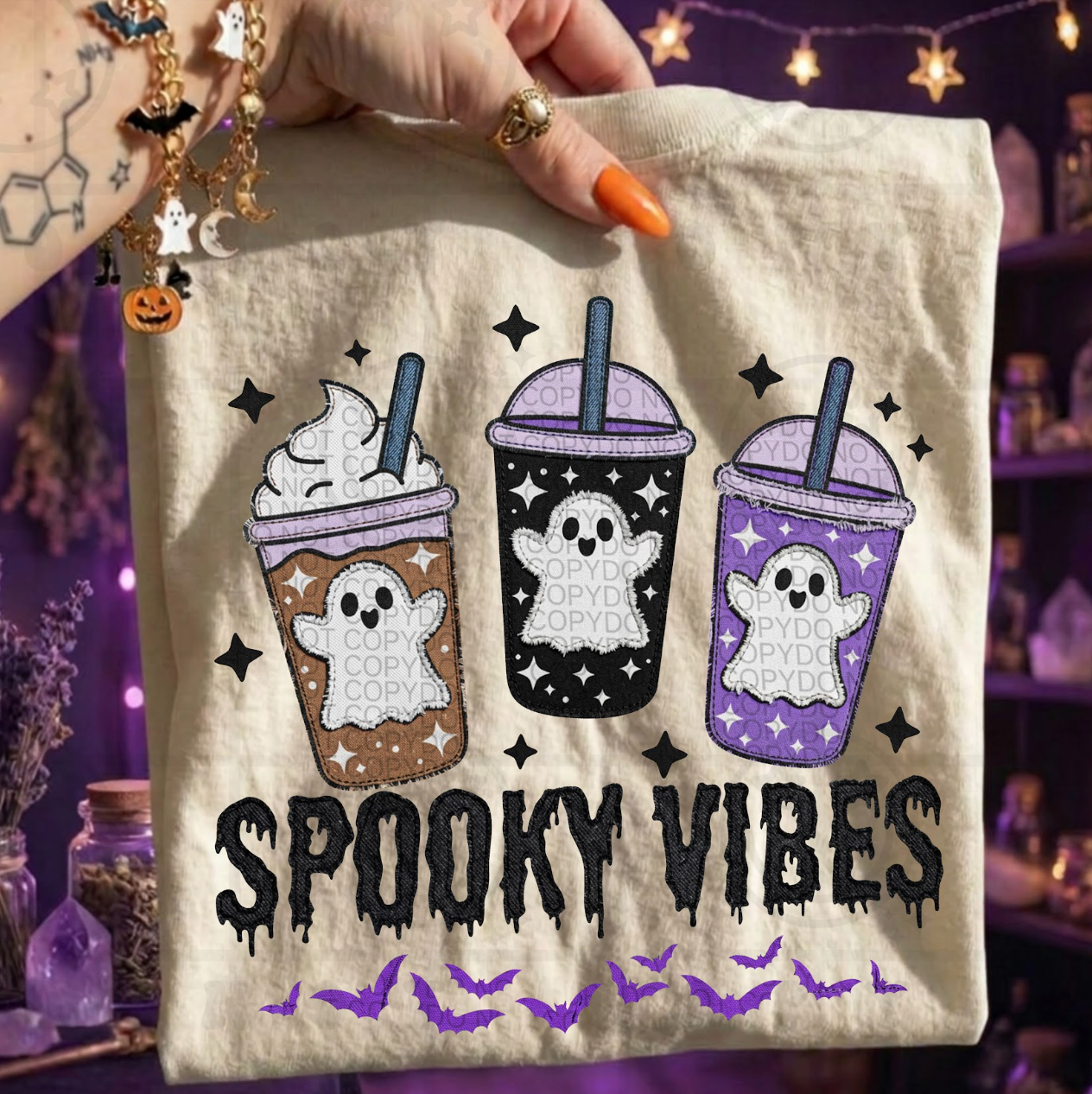Faux Embroidery Spooky Vibes Cups #7046 - Ready to Press DTF Transfer Full Color