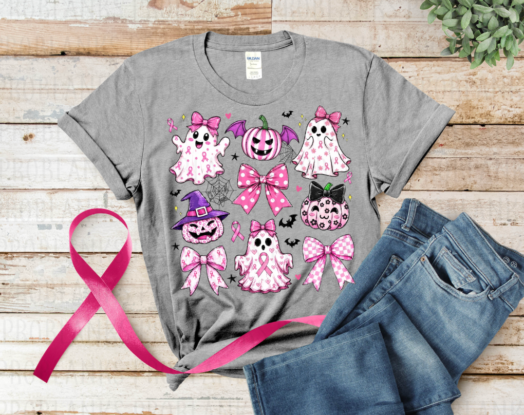 Breast Cancer Halloween Ghosts & Pumpkins #7189 - Ready to Press DTF Transfer Full Color