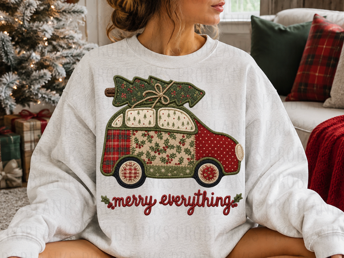 Merry Everything Faux Embroidery Car & Tree #7291 - Ready to Press DTF Transfer Full Color